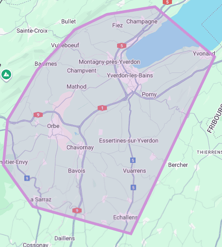 Zone de déplacement de Naturelia entre Yverdon-les-Bains, La Sarraz et Chavornay