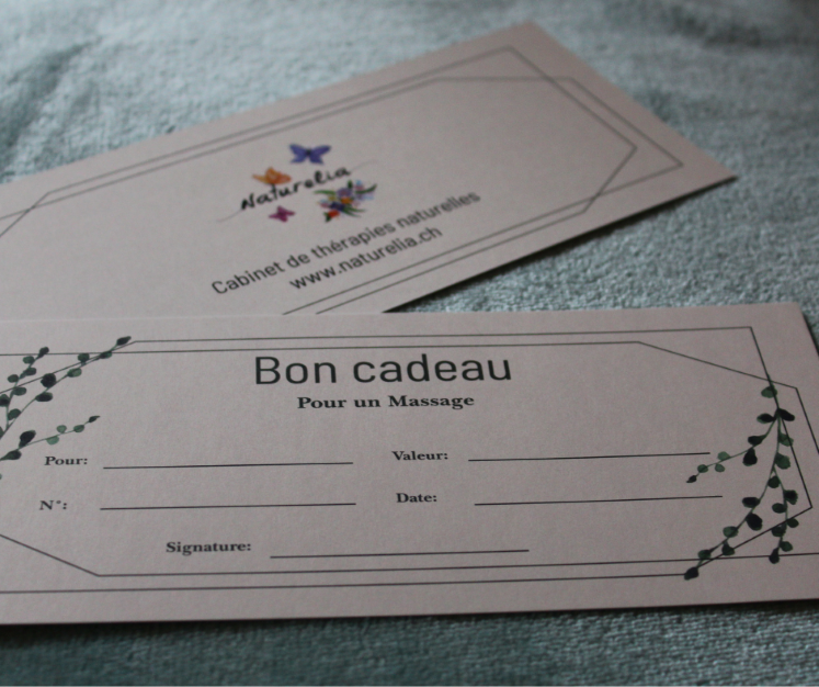 Nos bons cadeau imprimés, valables pour des massages détente et thérapeutiques à domicile Bon cadeau imprimé pour massage à domicile - Naturelia