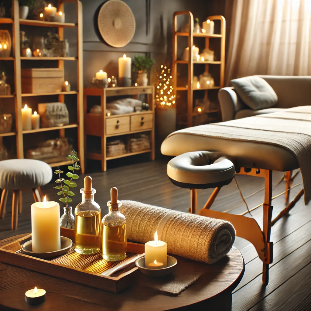 Massage détente à domicile - ambiance relaxante avec bougies et huiles, Yverdon et environs Scène de massage détente à domicile avec une ambiance relaxante, bougies, huiles de massage, et table de massage prête, idéale pour une relaxation complète dans un cadre apaisant
