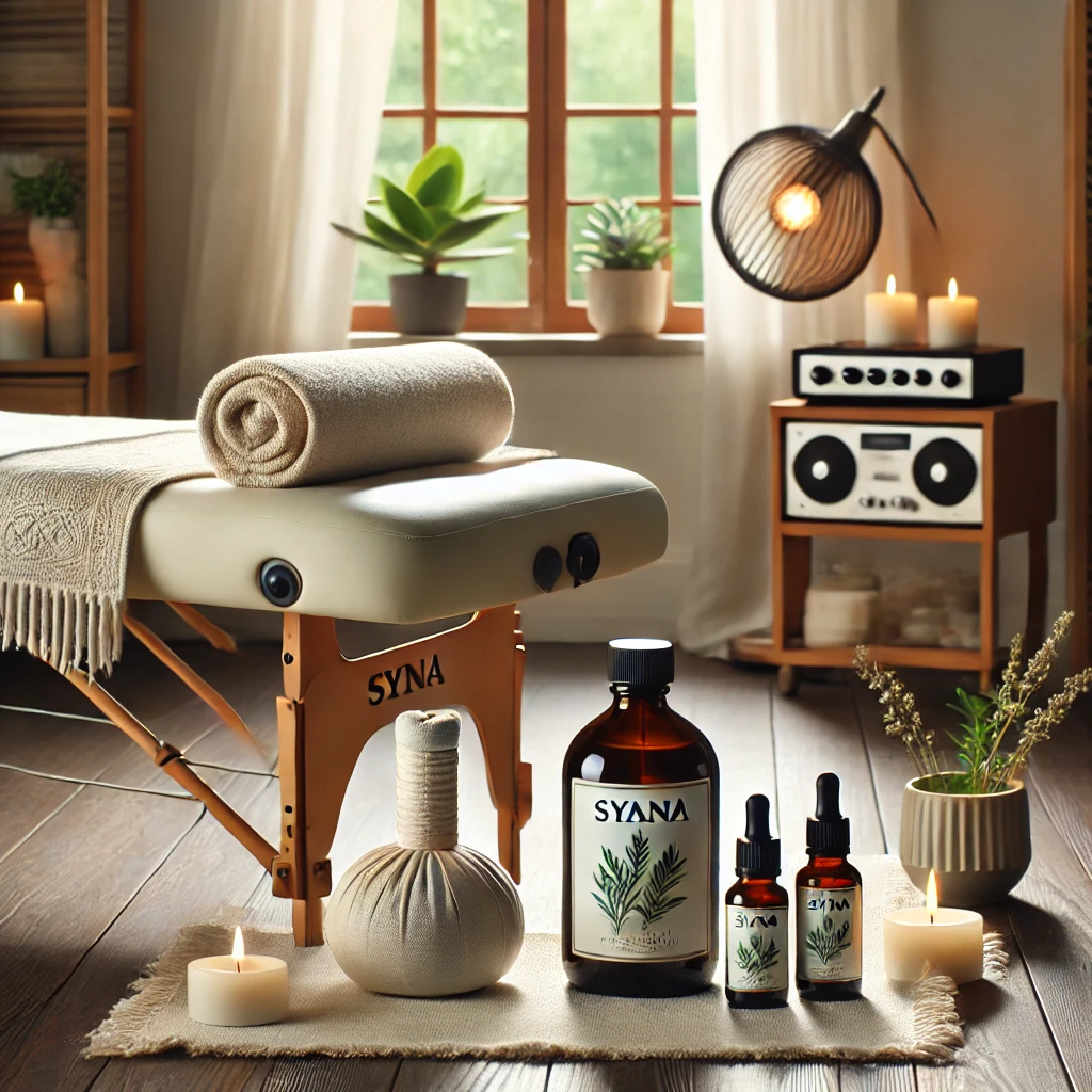 Massage thérapeutique à domicile - soulagement des tensions musculaires avec huile de romarin, Yverdon et environs Scène de massage thérapeutique à domicile avec une ambiance relaxante, bougies, huiles Syana au romarin, et table de massage prête pour soulager les tensions musculaires
