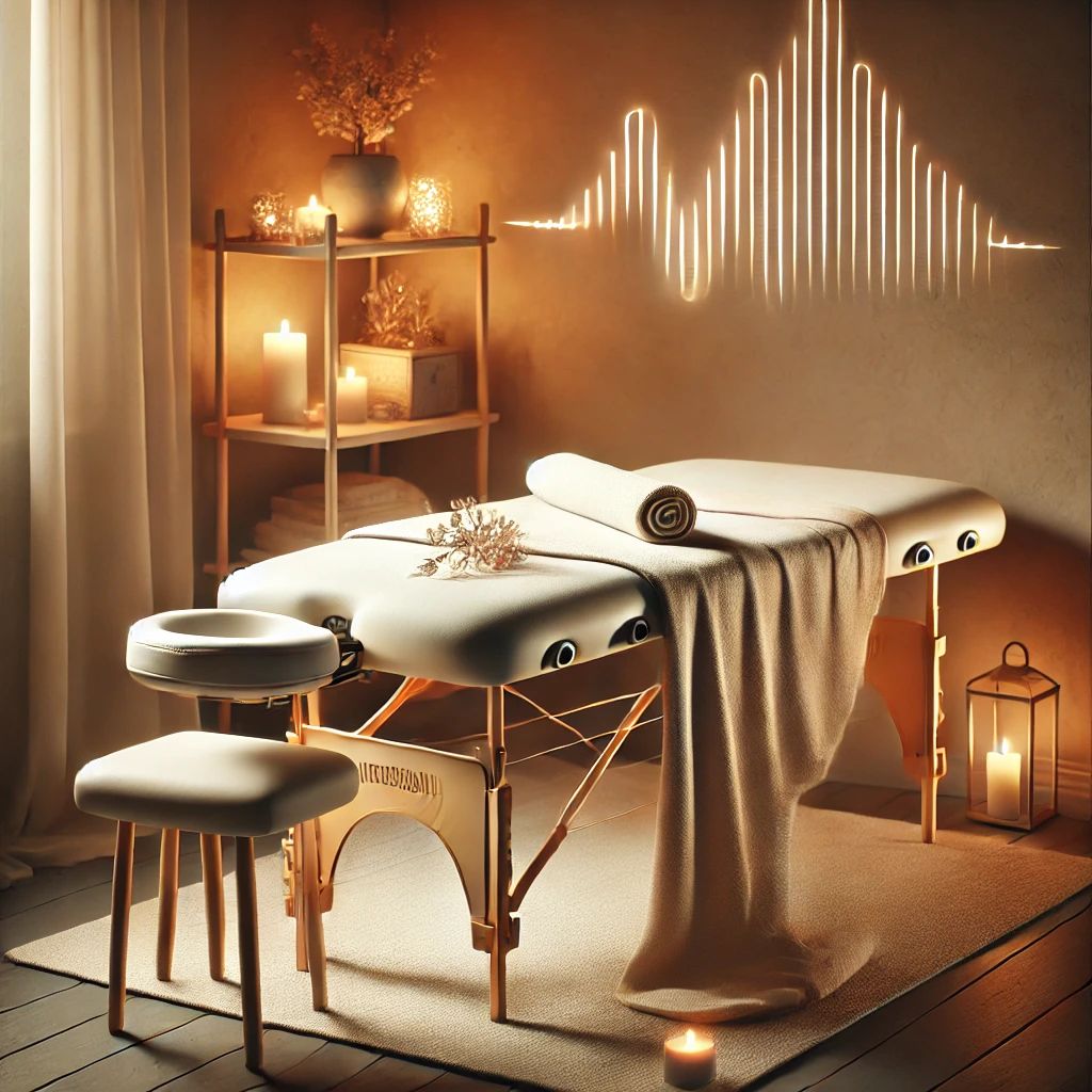 Massage détente à domicile - ambiance relaxante avec bougies et huiles, Yverdon et environs Scène de massage détente à domicile avec une ambiance relaxante, bougies, huiles de massage, et table de massage prête, idéale pour une relaxation complète dans un cadre apaisant