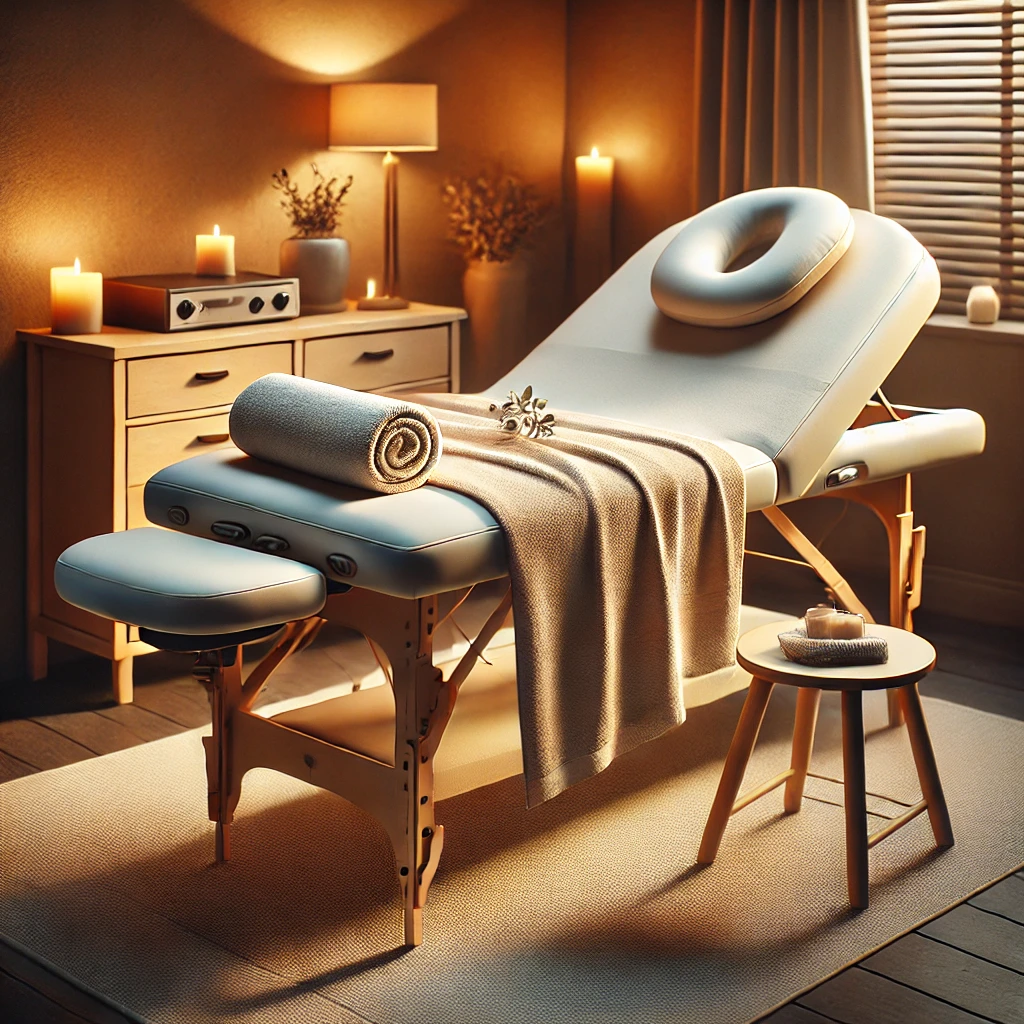 Massage thérapeutique à domicile - soulagement des tensions musculaires avec huile de romarin, Yverdon et environs Scène de massage thérapeutique à domicile avec une ambiance relaxante, bougies, huiles Syana au romarin, et table de massage prête pour soulager les tensions musculaires